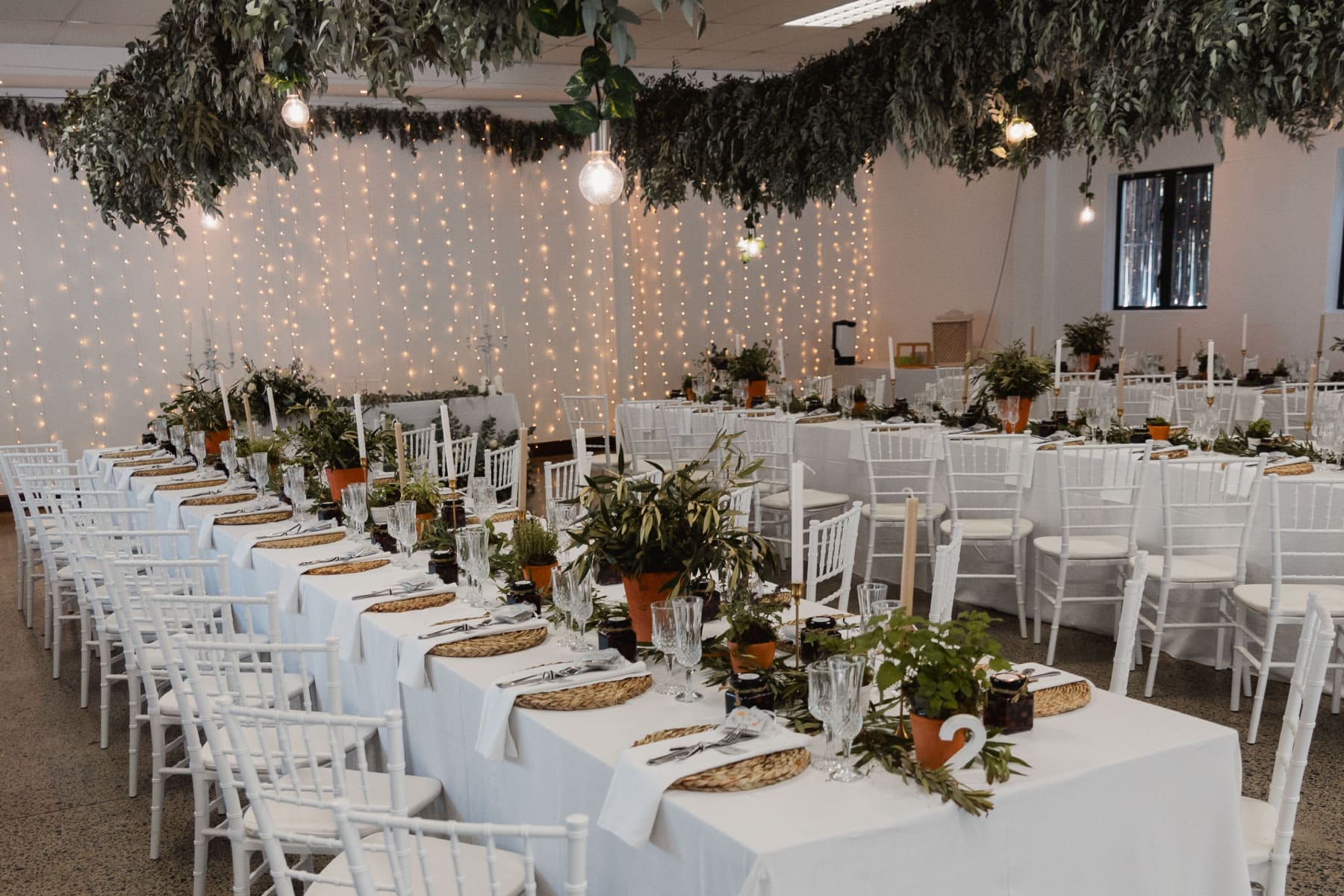 De Wilger Hall with botanical decorations and fairy lights